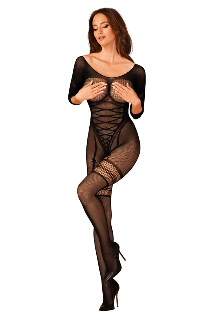 Sort Bodystocking Catsuit Halve Lukning - Cherries.dk