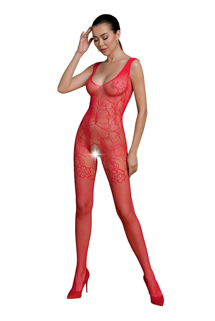 Gennemsigtig Blonder Dyb Hals Bodystockings Catsuit Rød - Cherries.dk